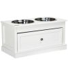 Elevated Dog Bowls Large Dog Feeder Station with 2 Stainless Steel Bowls Storage Drawer Wood Stand White