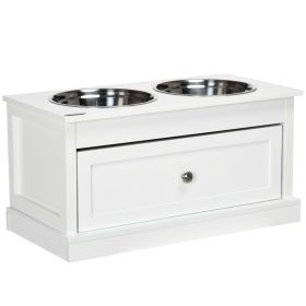 Elevated Dog Bowls Large Dog Feeder Station with 2 Stainless Steel Bowls Storage Drawer Wood Stand White